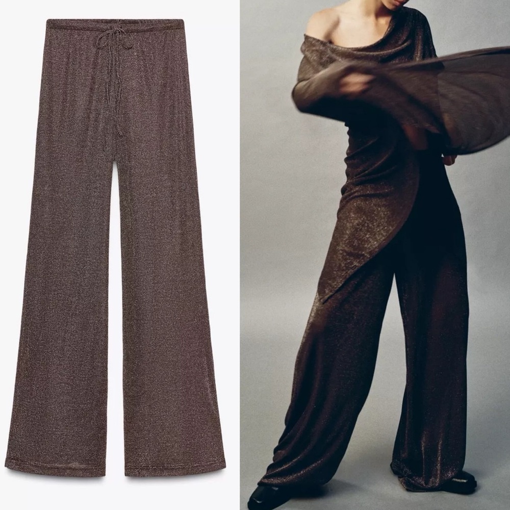 Zara NWT bronze/brown metallic thread drawstring metallic thread palazzo pants
